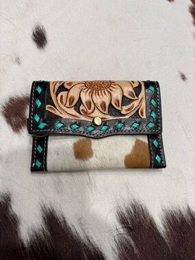 Handcrafted Floral Tooled Leather & Cowhide Wallet - Black/Tan/Turquoise